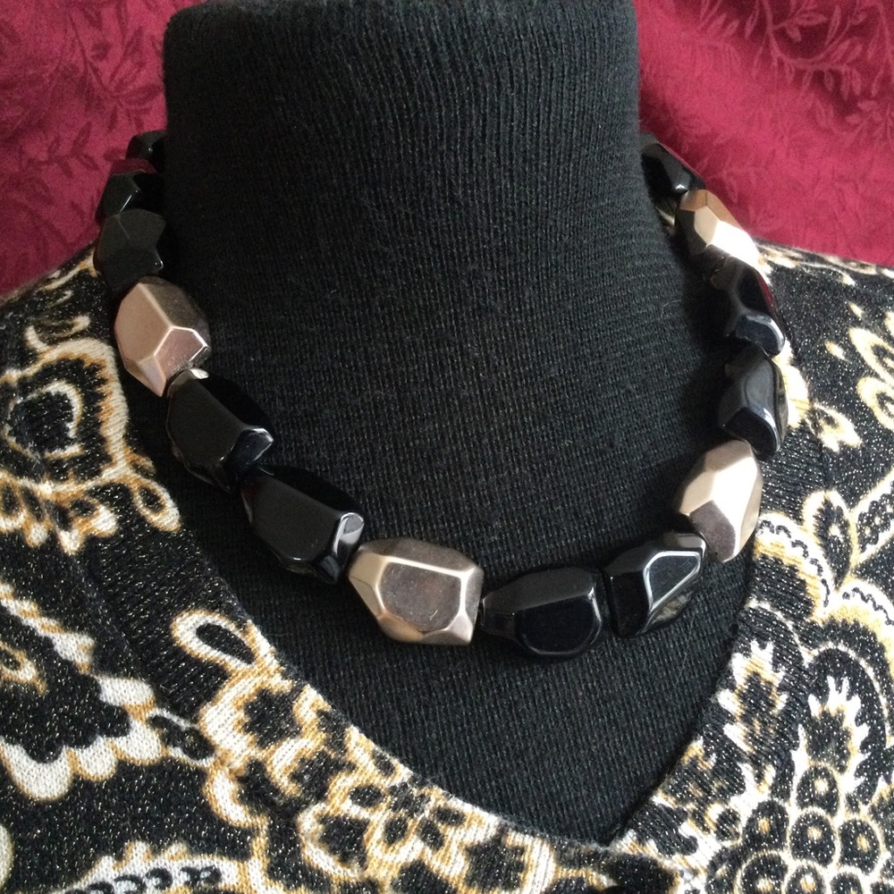 Holiday Party Necklace Black and Gold wooden Beads Chunky 19”